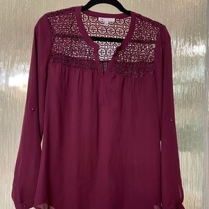 DR2by Daniel Rainn. Size M, long sleeve, roll tab, crochet yoke.